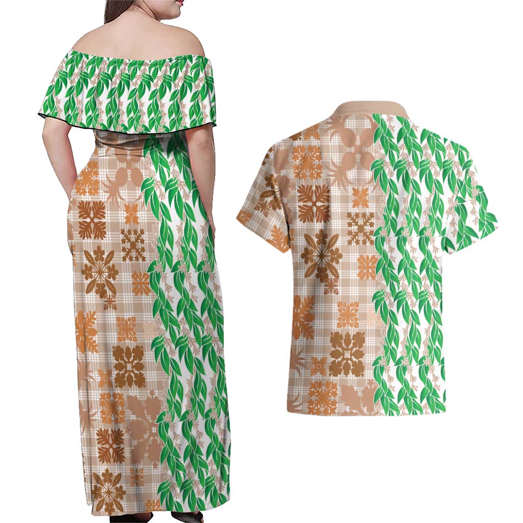 Aloha Hawaii Palaka Tuberose Lei Couples Matching Off Shoulder Maxi Dress and Hawaiian Shirt Hawaiian Quilt Seamless Style LT14 - Polynesian Pride