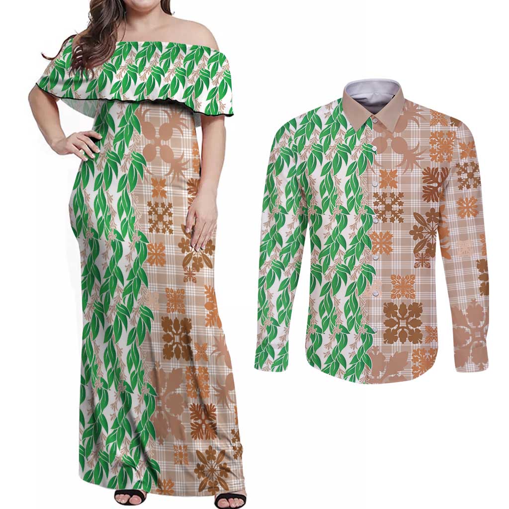 Aloha Hawaii Palaka Tuberose Lei Couples Matching Off Shoulder Maxi Dress and Long Sleeve Button Shirt Hawaiian Quilt Seamless Style LT14 Beige - Polynesian Pride