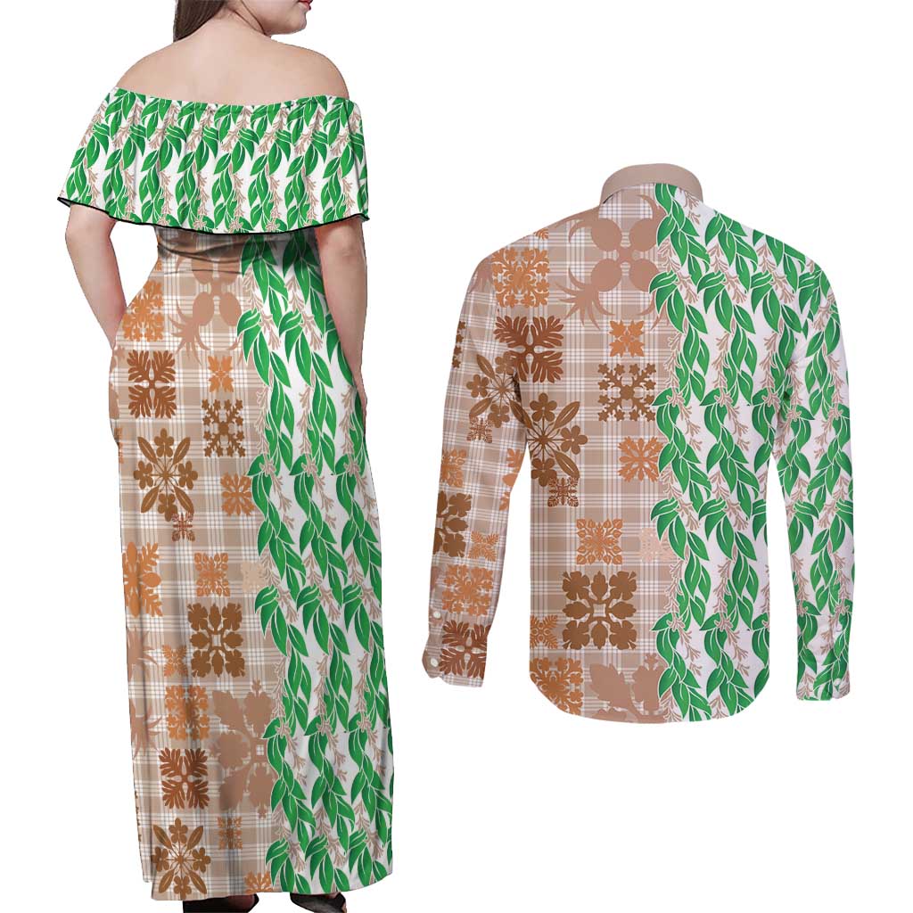 Aloha Hawaii Palaka Tuberose Lei Couples Matching Off Shoulder Maxi Dress and Long Sleeve Button Shirt Hawaiian Quilt Seamless Style LT14 - Polynesian Pride