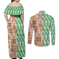 Aloha Hawaii Palaka Tuberose Lei Couples Matching Off Shoulder Maxi Dress and Long Sleeve Button Shirt Hawaiian Quilt Seamless Style LT14 - Polynesian Pride