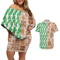 Aloha Hawaii Palaka Tuberose Lei Couples Matching Off Shoulder Short Dress and Hawaiian Shirt Hawaiian Quilt Seamless Style LT14 Beige - Polynesian Pride