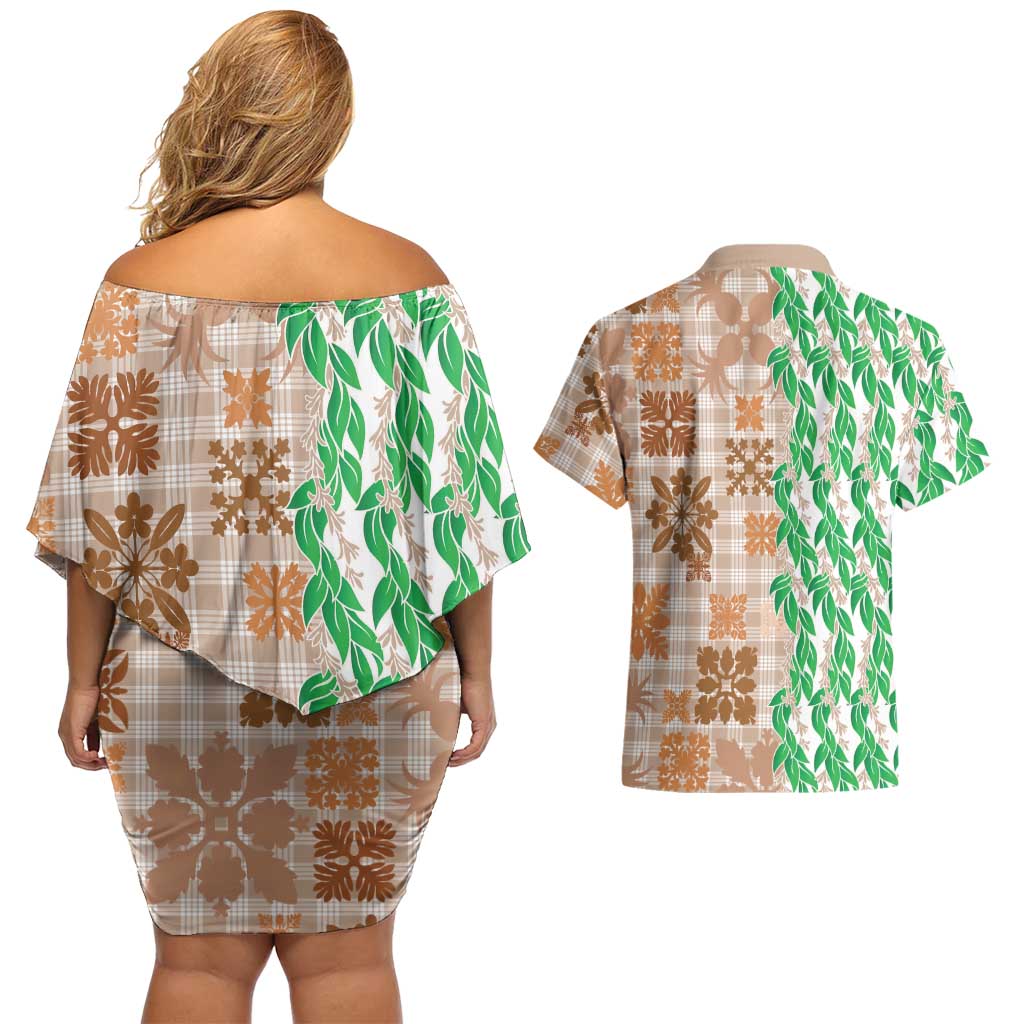Aloha Hawaii Palaka Tuberose Lei Couples Matching Off Shoulder Short Dress and Hawaiian Shirt Hawaiian Quilt Seamless Style LT14 - Polynesian Pride