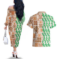 Aloha Hawaii Palaka Tuberose Lei Couples Matching Off The Shoulder Long Sleeve Dress and Hawaiian Shirt Hawaiian Quilt Seamless Style LT14 - Polynesian Pride