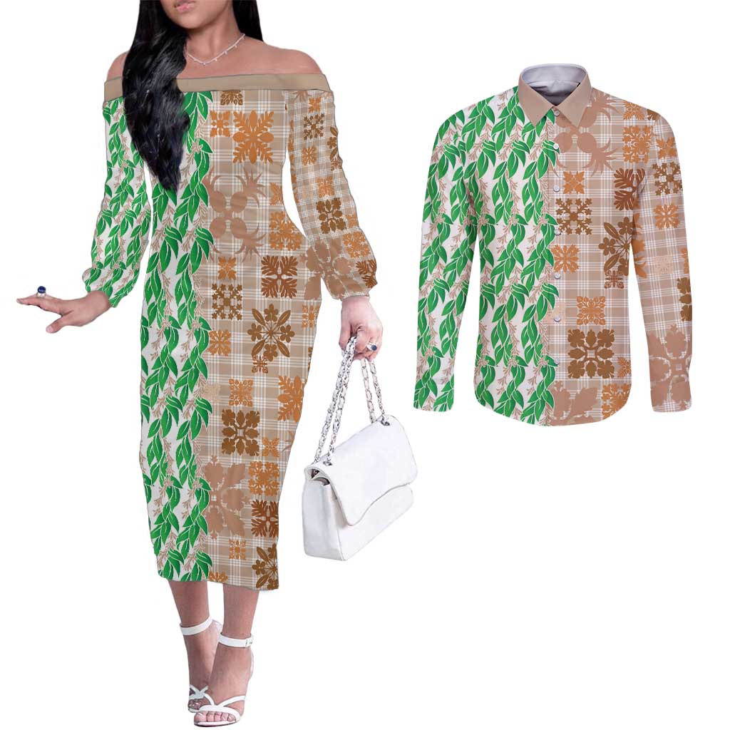 Aloha Hawaii Palaka Tuberose Lei Couples Matching Off The Shoulder Long Sleeve Dress and Long Sleeve Button Shirt Hawaiian Quilt Seamless Style LT14 Beige - Polynesian Pride