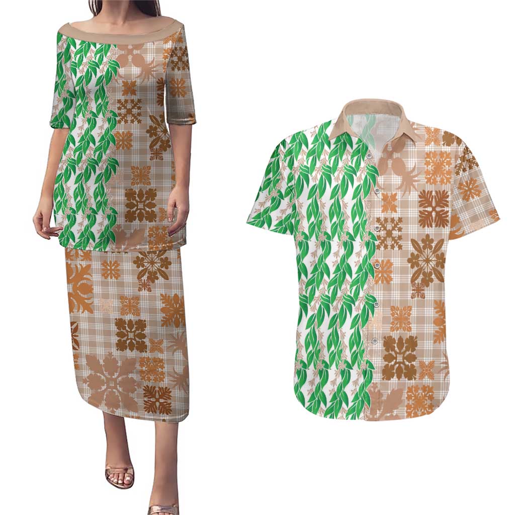 Aloha Hawaii Palaka Tuberose Lei Couples Matching Puletasi and Hawaiian Shirt Hawaiian Quilt Seamless Style LT14 Beige - Polynesian Pride