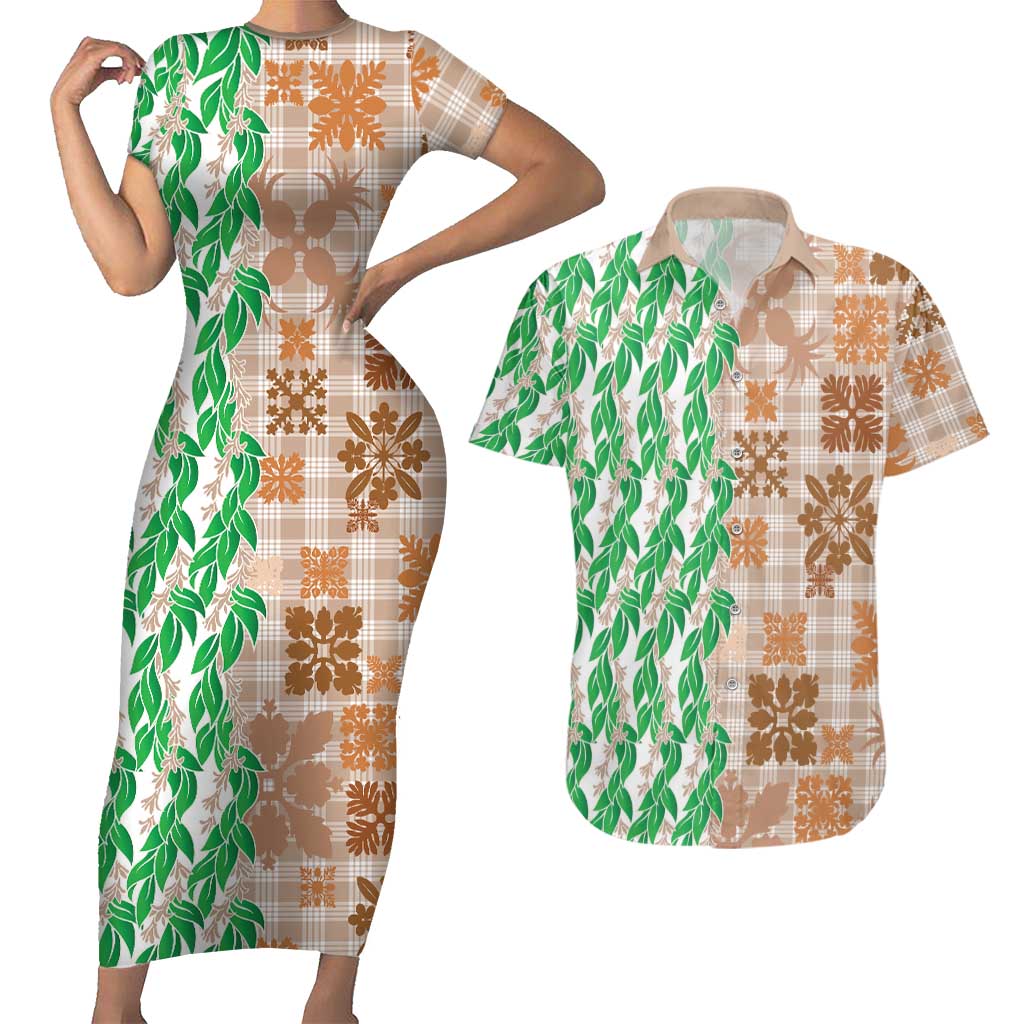 Aloha Hawaii Palaka Tuberose Lei Couples Matching Short Sleeve Bodycon Dress and Hawaiian Shirt Hawaiian Quilt Seamless Style - Polynesian Pride