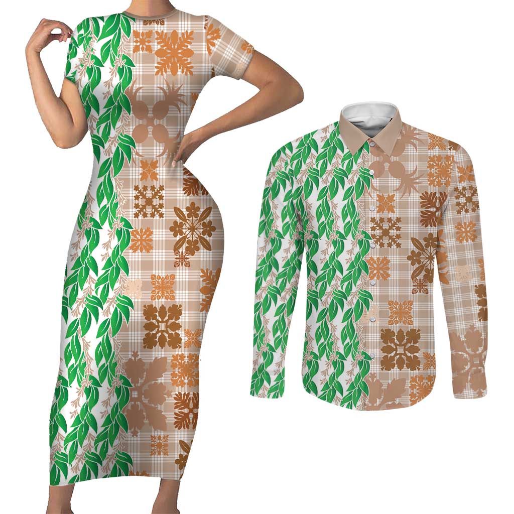 Aloha Hawaii Palaka Tuberose Lei Couples Matching Short Sleeve Bodycon Dress and Long Sleeve Button Shirt Hawaiian Quilt Seamless Style LT14 Beige - Polynesian Pride