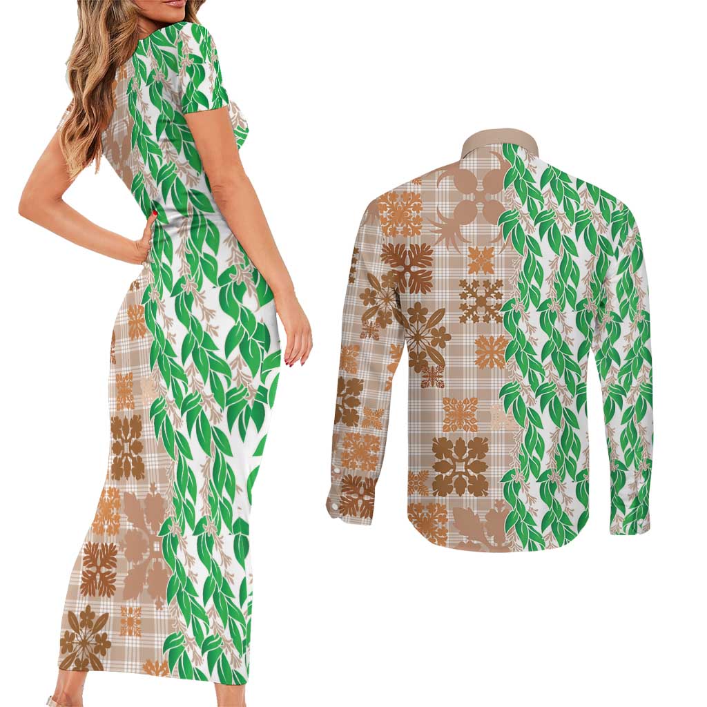 Aloha Hawaii Palaka Tuberose Lei Couples Matching Short Sleeve Bodycon Dress and Long Sleeve Button Shirt Hawaiian Quilt Seamless Style LT14 - Polynesian Pride