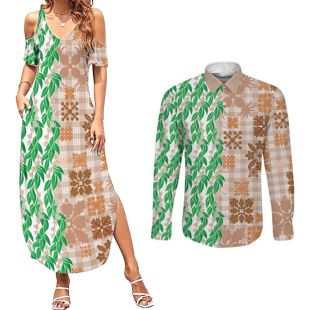 Aloha Hawaii Palaka Tuberose Lei Couples Matching Summer Maxi Dress and Long Sleeve Button Shirt Hawaiian Quilt Seamless Style LT14 Beige - Polynesian Pride