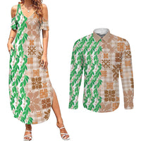 Aloha Hawaii Palaka Tuberose Lei Couples Matching Summer Maxi Dress and Long Sleeve Button Shirt Hawaiian Quilt Seamless Style LT14 Beige - Polynesian Pride