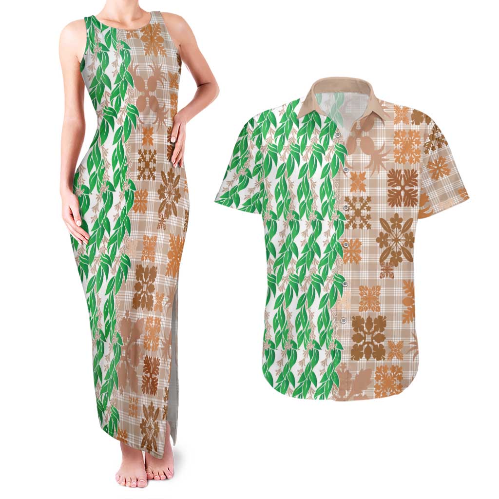 Aloha Hawaii Palaka Tuberose Lei Couples Matching Tank Maxi Dress and Hawaiian Shirt Hawaiian Quilt Seamless Style - Polynesian Pride