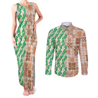 Aloha Hawaii Palaka Tuberose Lei Couples Matching Tank Maxi Dress and Long Sleeve Button Shirt Hawaiian Quilt Seamless Style LT14 Beige - Polynesian Pride