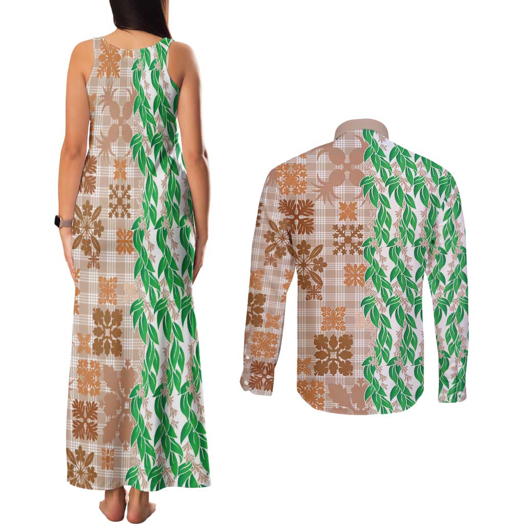 Aloha Hawaii Palaka Tuberose Lei Couples Matching Tank Maxi Dress and Long Sleeve Button Shirt Hawaiian Quilt Seamless Style LT14 - Polynesian Pride