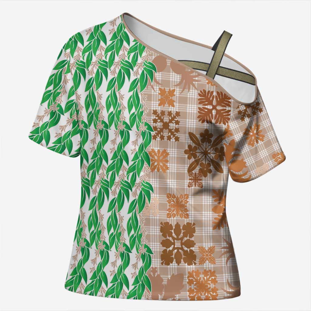 Aloha Hawaii Palaka Tuberose Lei Cross Shoulder Shirt Hawaiian Quilt Seamless Style LT14 Female Beige - Polynesian Pride