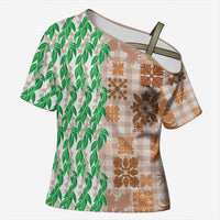 Aloha Hawaii Palaka Tuberose Lei Cross Shoulder Shirt Hawaiian Quilt Seamless Style LT14 Female Beige - Polynesian Pride