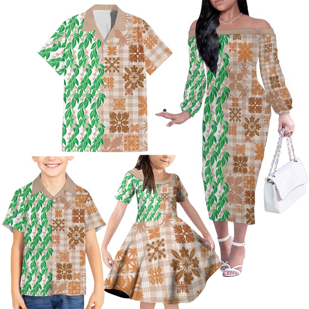 Aloha Hawaii Palaka Tuberose Lei Family Matching Off The Shoulder Long Sleeve Dress and Hawaiian Shirt Hawaiian Quilt Seamless Style LT14 - Polynesian Pride