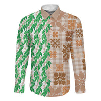 Aloha Hawaii Palaka Tuberose Lei Family Matching Off The Shoulder Long Sleeve Dress and Hawaiian Shirt Hawaiian Quilt Seamless Style LT14 Dad's Shirt - Long Sleeve Beige - Polynesian Pride