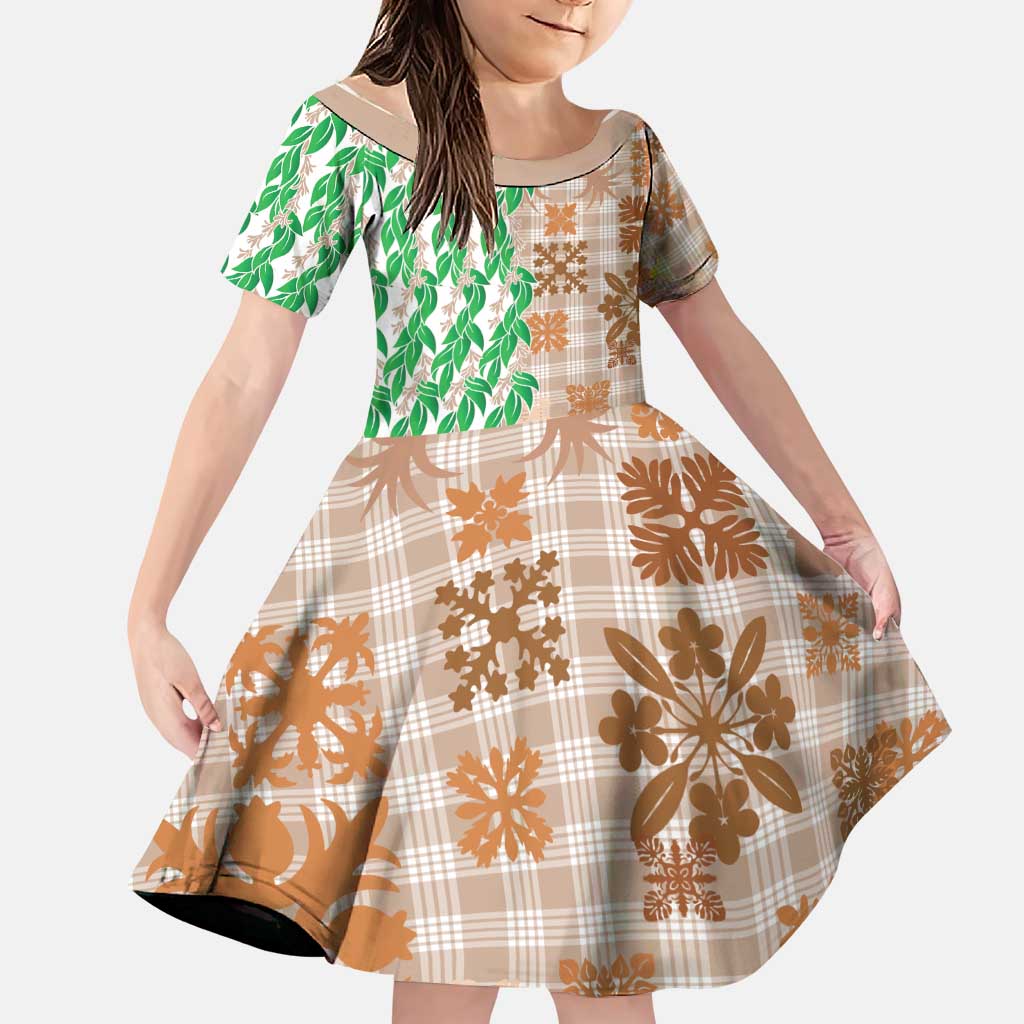 Aloha Hawaii Palaka Tuberose Lei Family Matching Off Shoulder Short Dress and Hawaiian Shirt Hawaiian Quilt Seamless Style LT14 Daughter's Dress Beige - Polynesian Pride