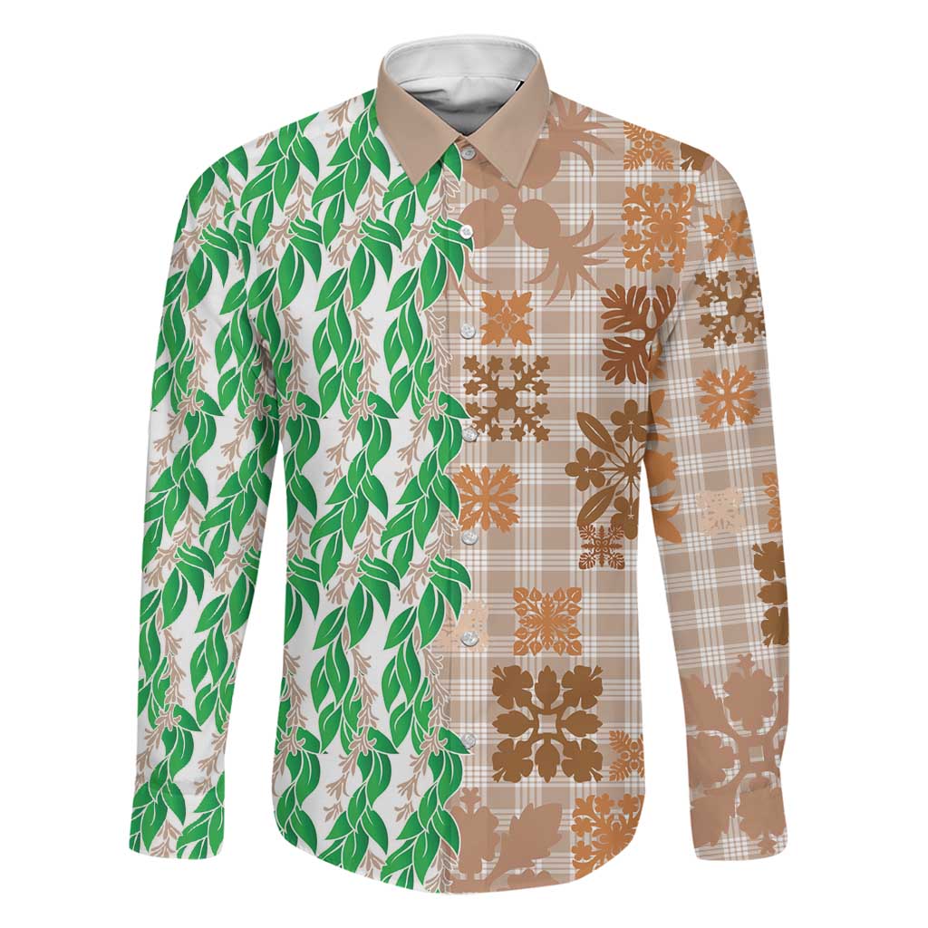 Aloha Hawaii Palaka Tuberose Lei Family Matching Off Shoulder Short Dress and Hawaiian Shirt Hawaiian Quilt Seamless Style LT14 Dad's Shirt - Long Sleeve Beige - Polynesian Pride