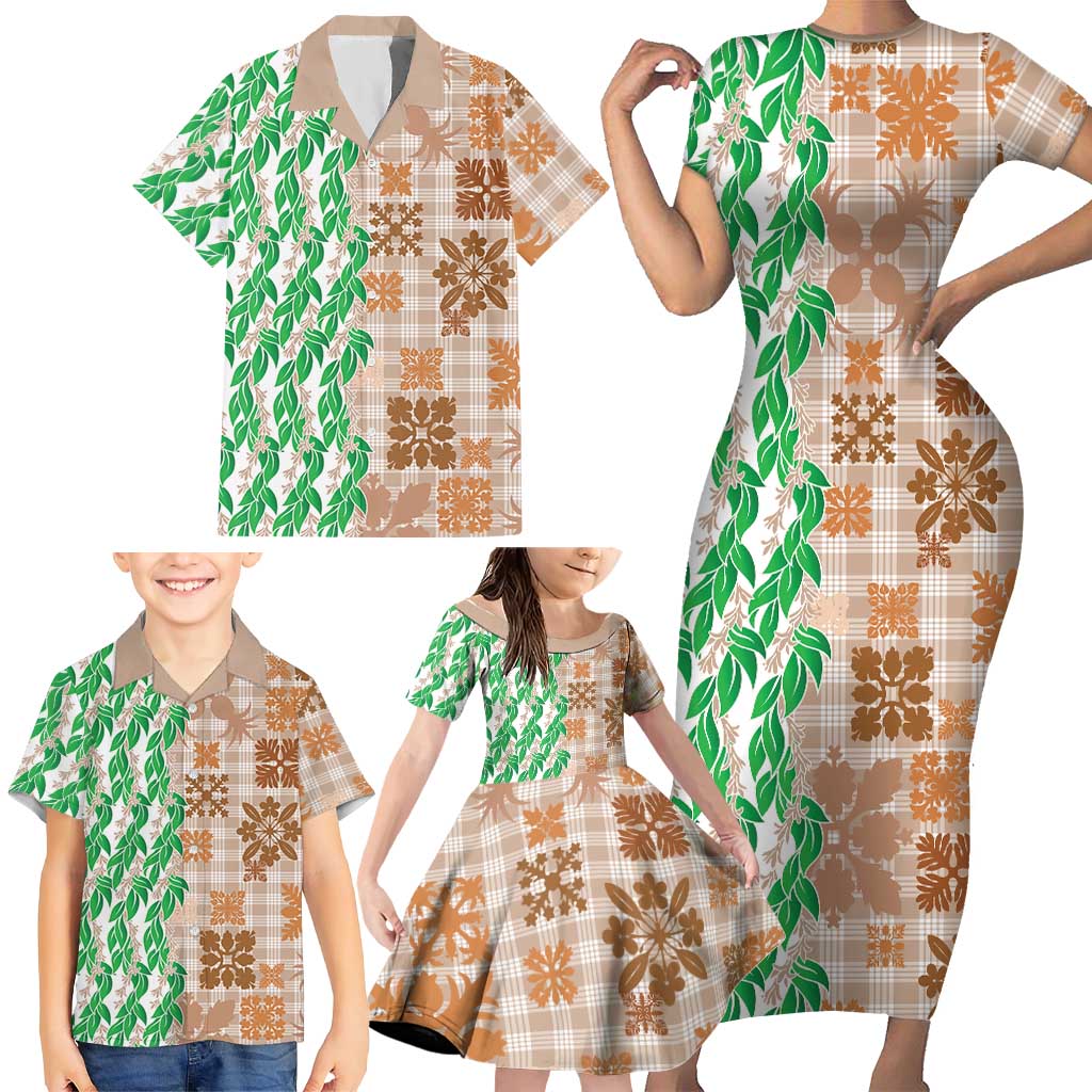 Aloha Hawaii Palaka Tuberose Lei Family Matching Short Sleeve Bodycon Dress and Hawaiian Shirt Hawaiian Quilt Seamless Style - Polynesian Pride