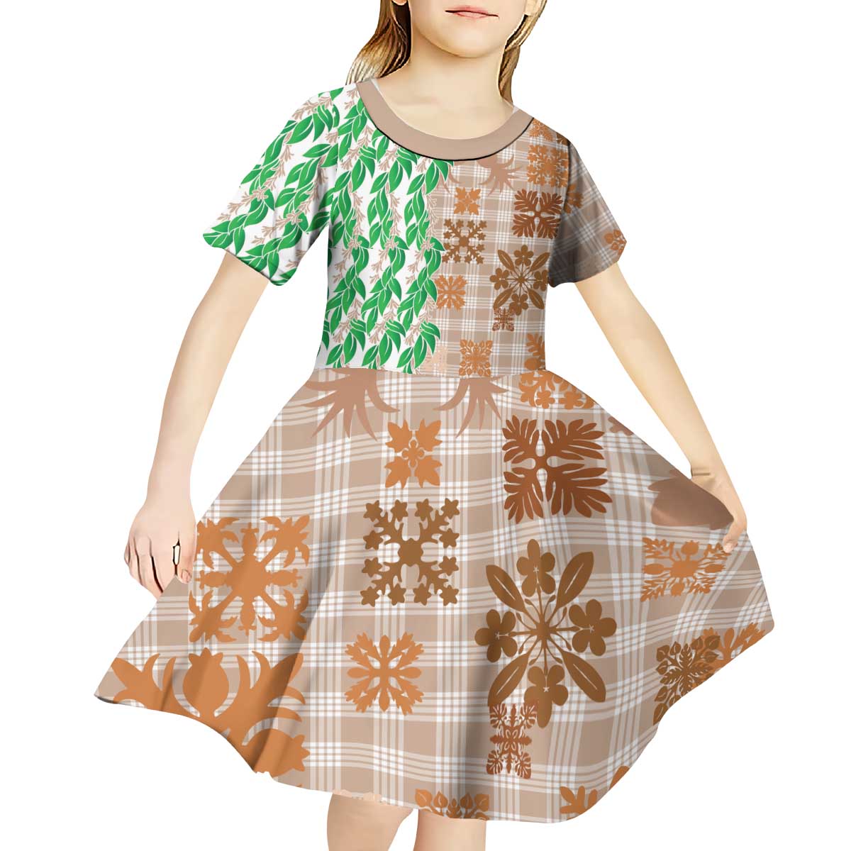 Aloha Hawaii Palaka Tuberose Lei Kid Short Sleeve Dress Hawaiian Quilt Seamless Style - Polynesian Pride
