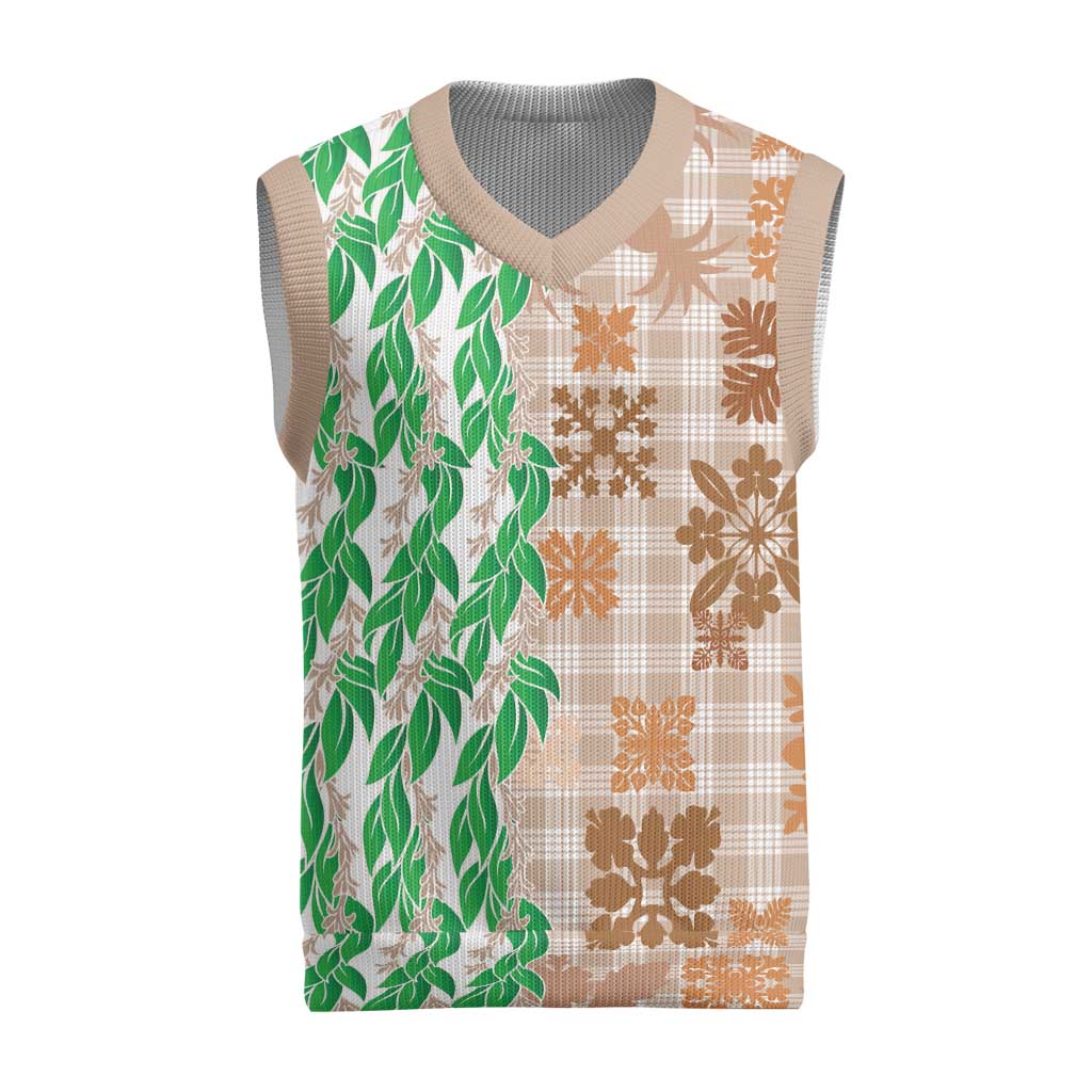 Aloha Hawaii Palaka Tuberose Lei Christmas Knitted V-Neck Vest Hawaiian Quilt Seamless Style LT14 Beige - Polynesian Pride