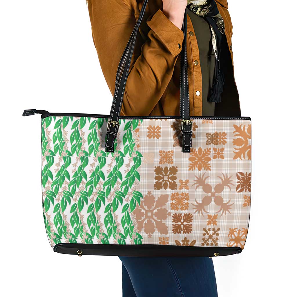 Aloha Hawaii Palaka Tuberose Lei Leather Tote Bag Hawaiian Quilt Seamless Style - Polynesian Pride