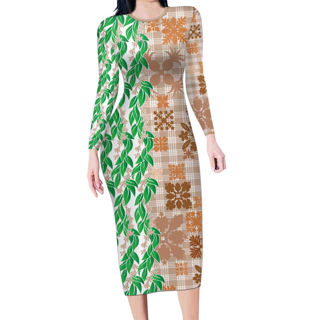 Aloha Hawaii Palaka Tuberose Lei Long Sleeve Bodycon Dress Hawaiian Quilt Seamless Style LT14 Long Dress Beige - Polynesian Pride