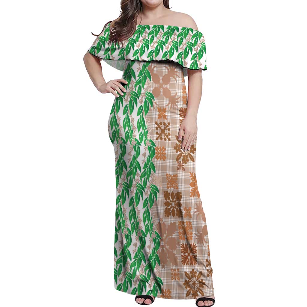Aloha Hawaii Palaka Tuberose Lei Off Shoulder Maxi Dress Hawaiian Quilt Seamless Style - Polynesian Pride