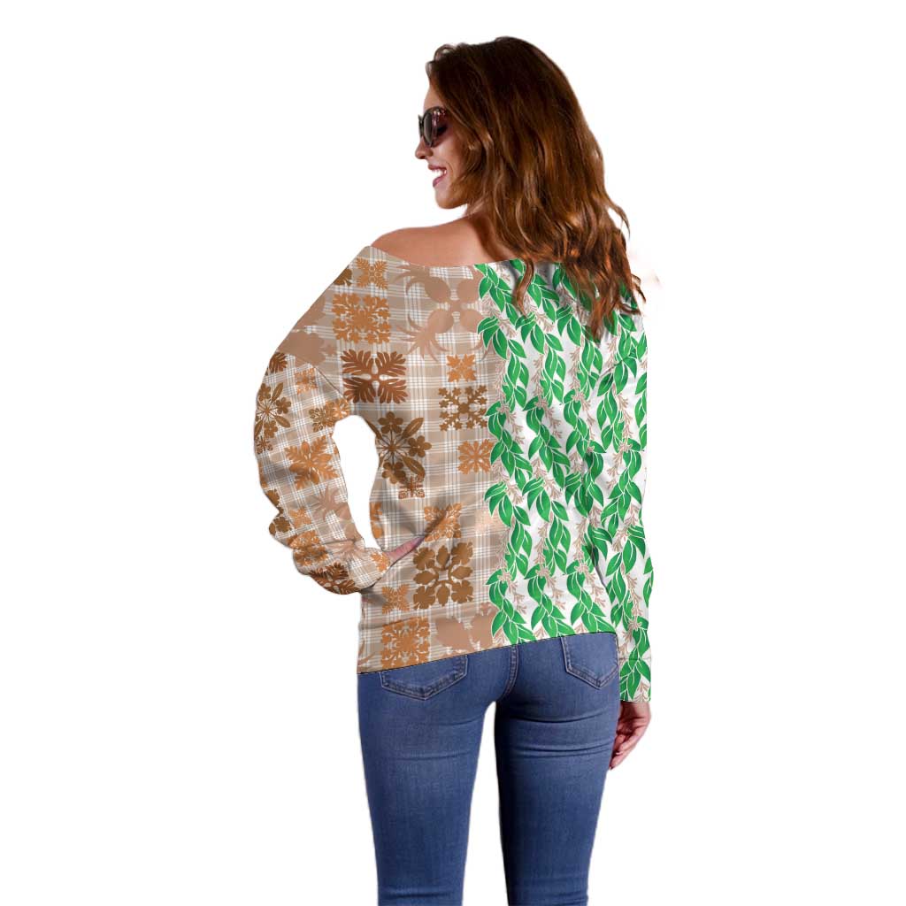 Aloha Hawaii Palaka Tuberose Lei Off Shoulder Sweater Hawaiian Quilt Seamless Style - Polynesian Pride