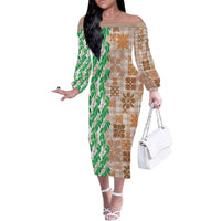 Aloha Hawaii Palaka Tuberose Lei Off The Shoulder Long Sleeve Dress Hawaiian Quilt Seamless Style LT14 Women Beige - Polynesian Pride