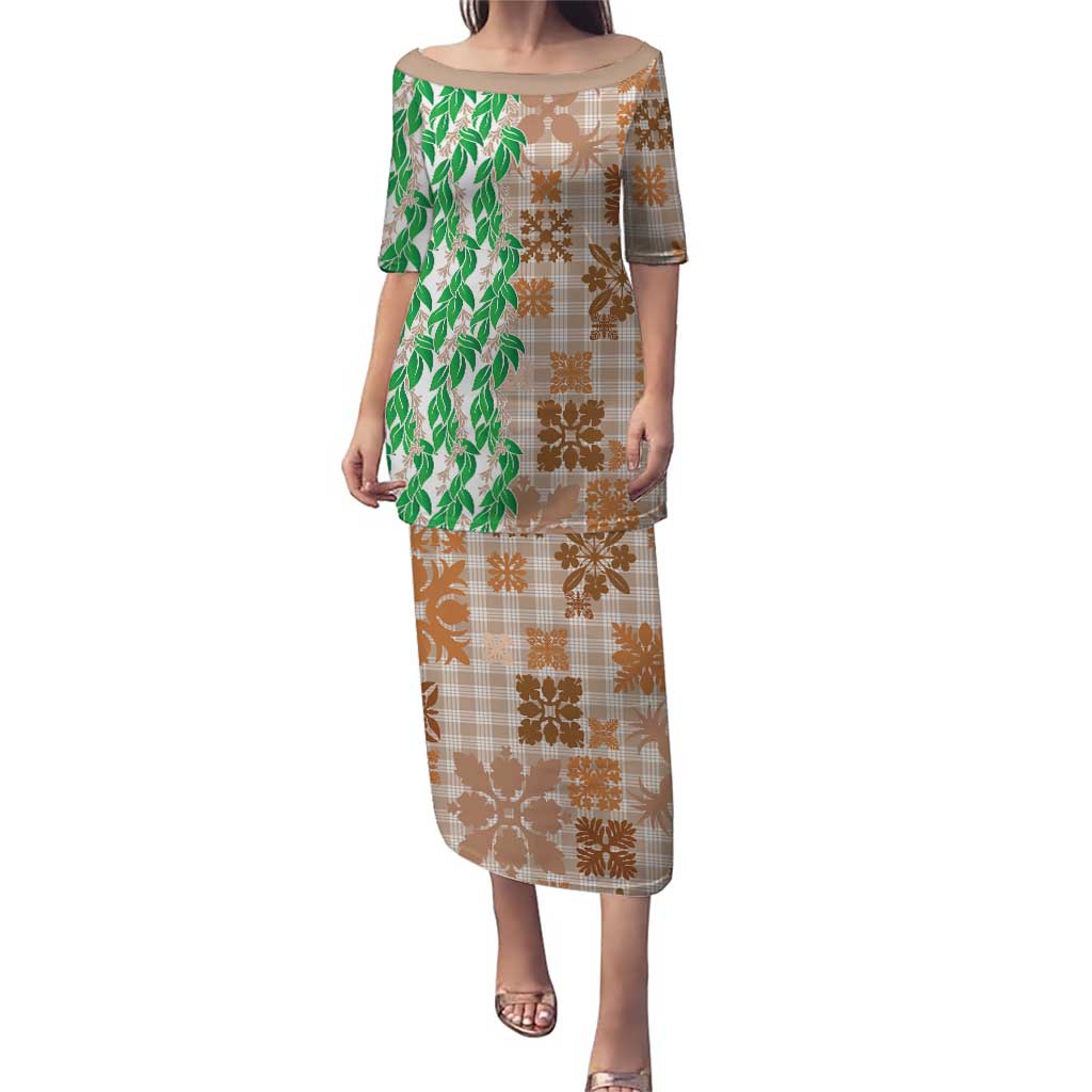 Aloha Hawaii Palaka Tuberose Lei Puletasi Hawaiian Quilt Seamless Style LT14 Long Dress Beige - Polynesian Pride