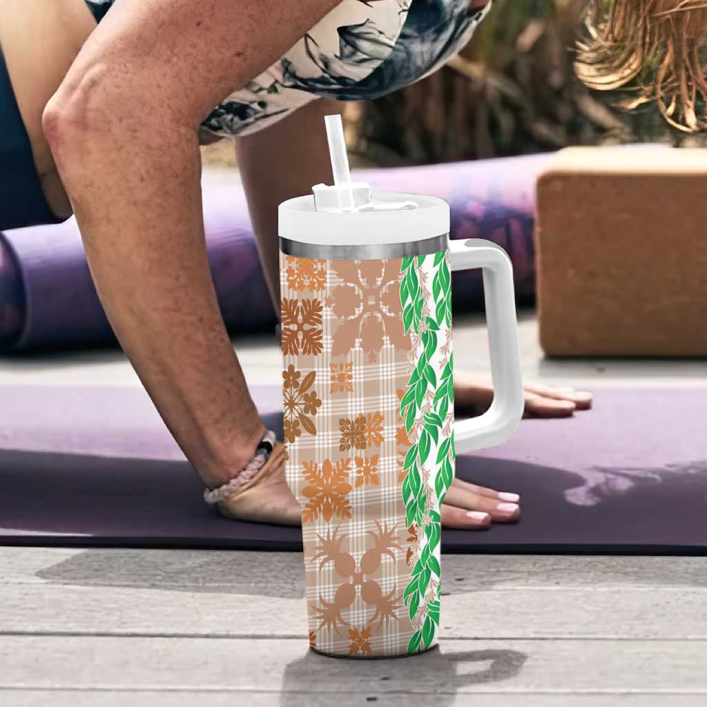 Aloha Hawaii Palaka Tuberose Lei Tumbler With Handle Hawaiian Quilt Seamless Style - Polynesian Pride