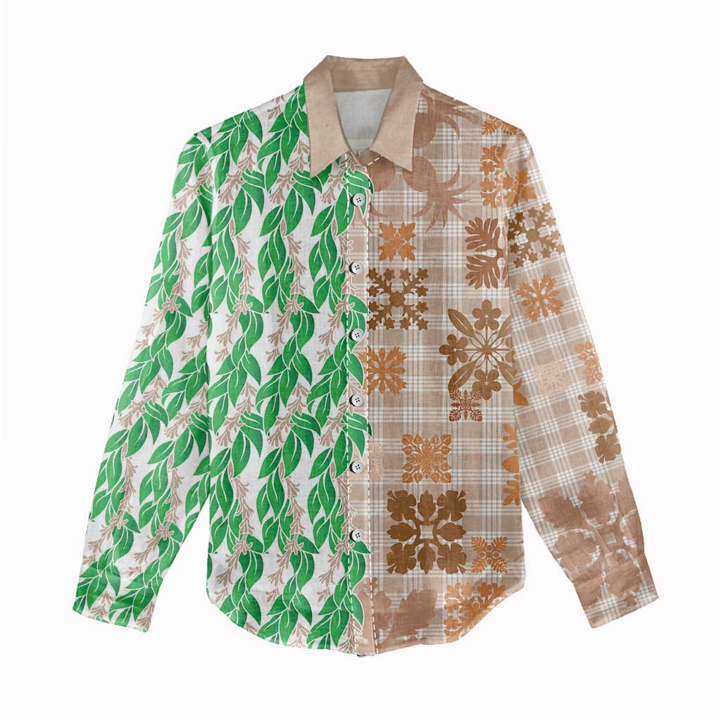 Aloha Hawaii Palaka Tuberose Lei Women Casual Shirt Hawaiian Quilt Seamless Style - Polynesian Pride