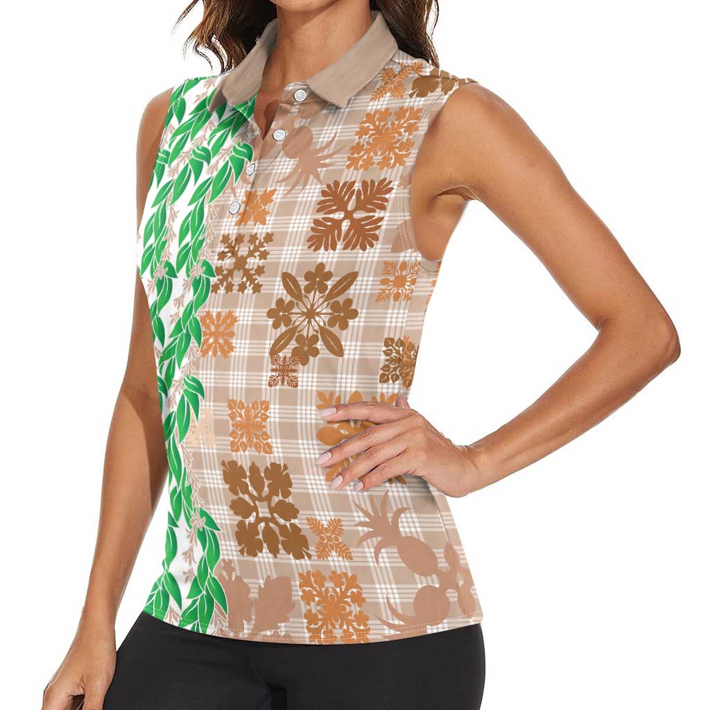 Aloha Hawaii Palaka Tuberose Lei Women Sleeveless Polo Shirt Hawaiian Quilt Seamless Style LT14 - Polynesian Pride