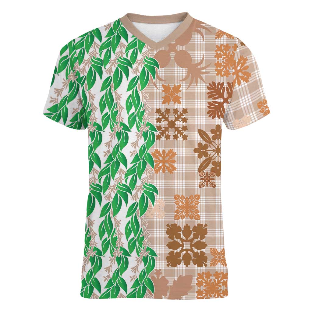 Aloha Hawaii Palaka Tuberose Lei Women V-Neck T-Shirt Hawaiian Quilt Seamless Style LT14 Female Beige - Polynesian Pride