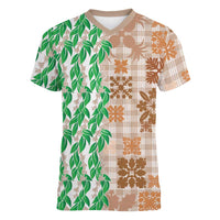 Aloha Hawaii Palaka Tuberose Lei Women V-Neck T-Shirt Hawaiian Quilt Seamless Style LT14 Female Beige - Polynesian Pride