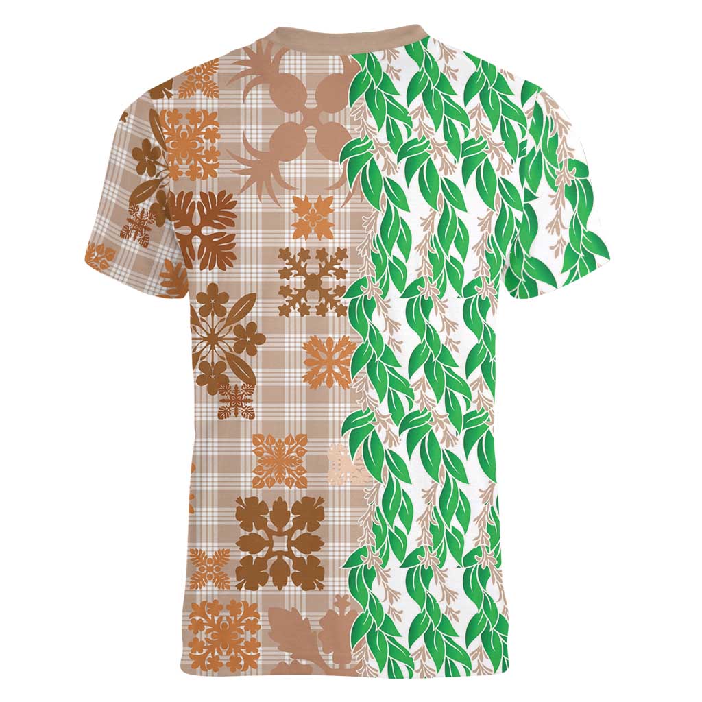 Aloha Hawaii Palaka Tuberose Lei Women V-Neck T-Shirt Hawaiian Quilt Seamless Style LT14 - Polynesian Pride