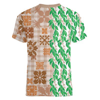 Aloha Hawaii Palaka Tuberose Lei Women V-Neck T-Shirt Hawaiian Quilt Seamless Style LT14 - Polynesian Pride