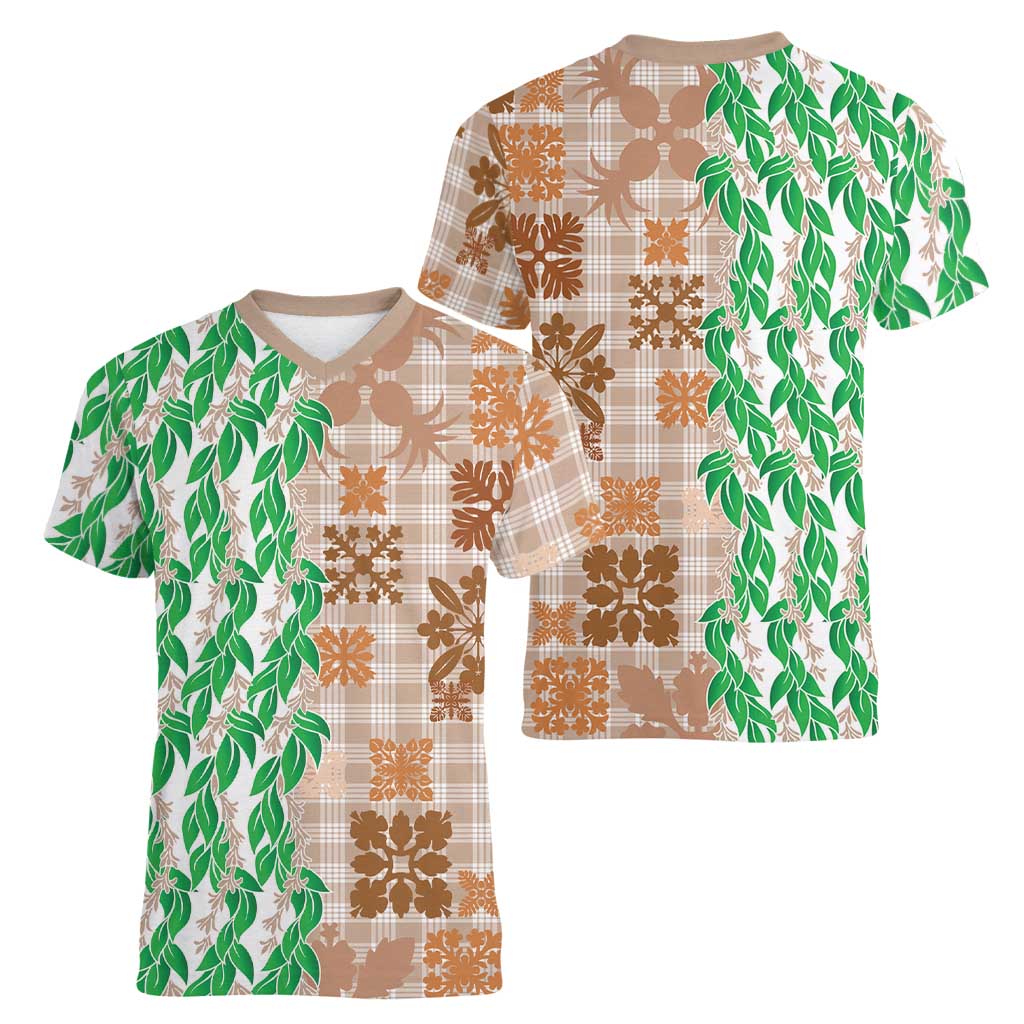 Aloha Hawaii Palaka Tuberose Lei Women V-Neck T-Shirt Hawaiian Quilt Seamless Style LT14 - Polynesian Pride