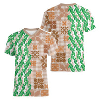 Aloha Hawaii Palaka Tuberose Lei Women V-Neck T-Shirt Hawaiian Quilt Seamless Style LT14 - Polynesian Pride