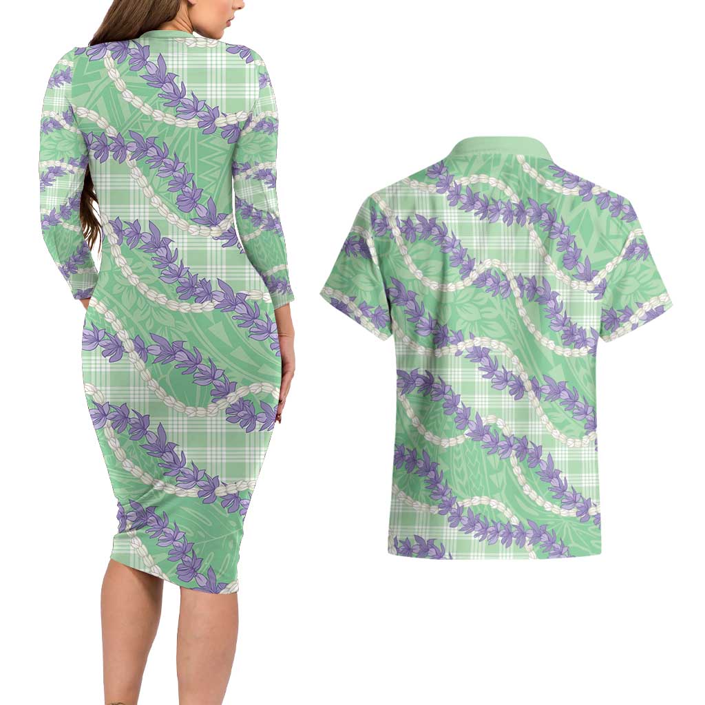 Pastel Green Hawaii Palaka Honohono Pikake Couples Matching Long Sleeve Bodycon Dress and Hawaiian Shirt Hawaiian Orchid Lei Polynesian Pattern LT14 - Polynesian Pride
