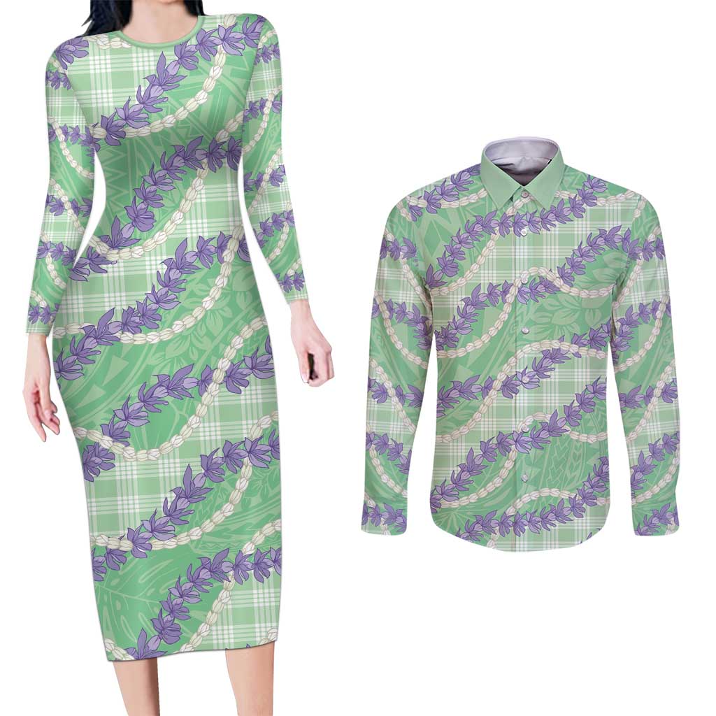 Pastel Green Hawaii Palaka Honohono Pikake Couples Matching Long Sleeve Bodycon Dress and Long Sleeve Button Shirt Hawaiian Orchid Lei Polynesian Pattern LT14 Pastel Green - Polynesian Pride
