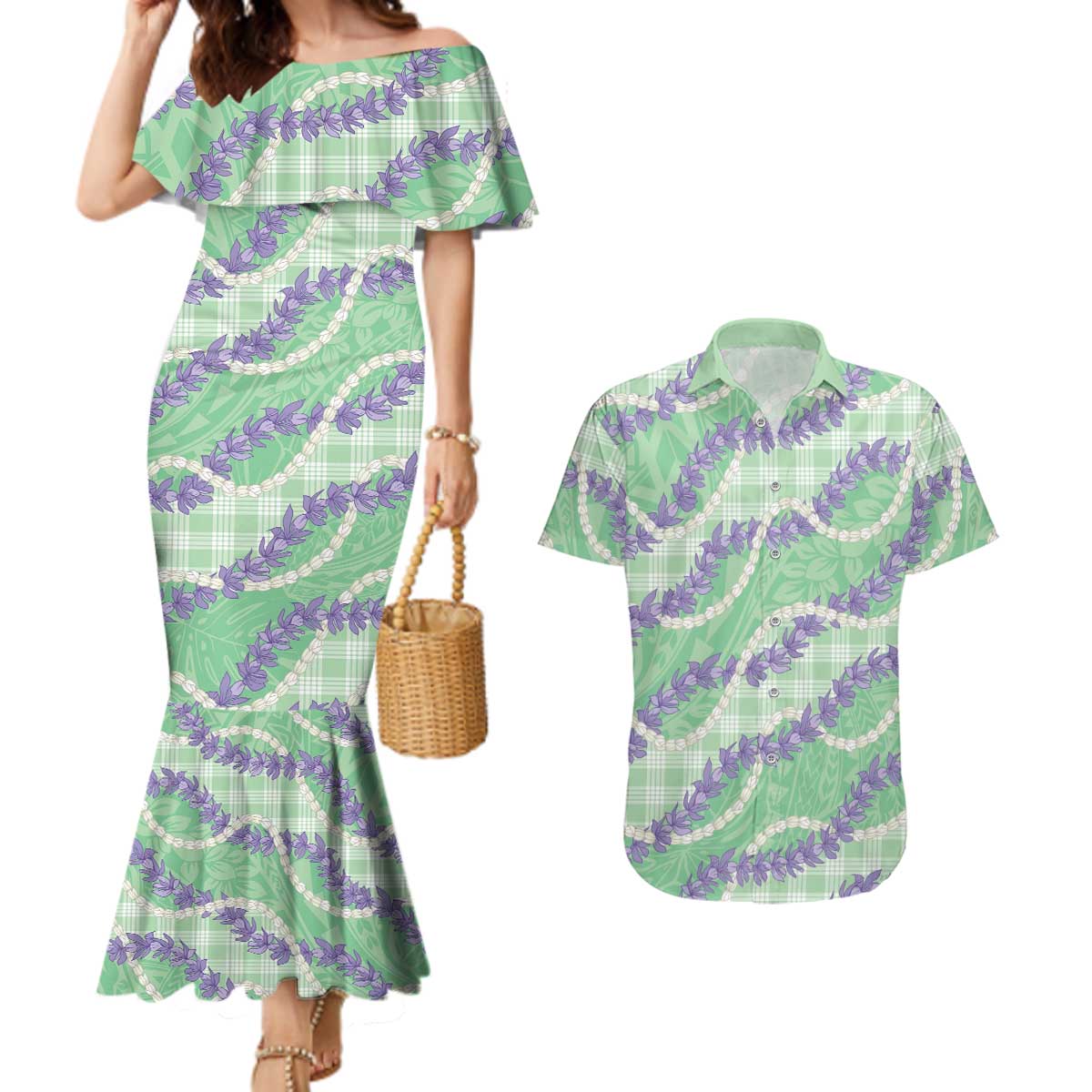 Pastel Green Hawaii Palaka Honohono Pikake Couples Matching Mermaid Dress and Hawaiian Shirt Hawaiian Orchid Lei Polynesian Pattern - Polynesian Pride