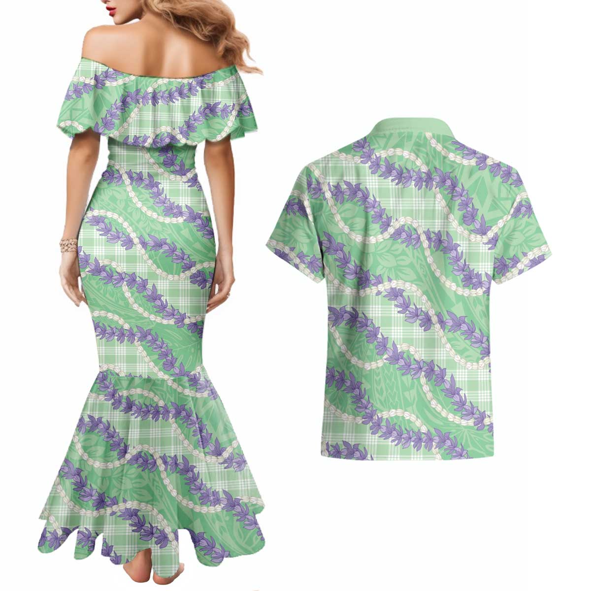 Pastel Green Hawaii Palaka Honohono Pikake Couples Matching Mermaid Dress and Hawaiian Shirt Hawaiian Orchid Lei Polynesian Pattern LT14 - Polynesian Pride