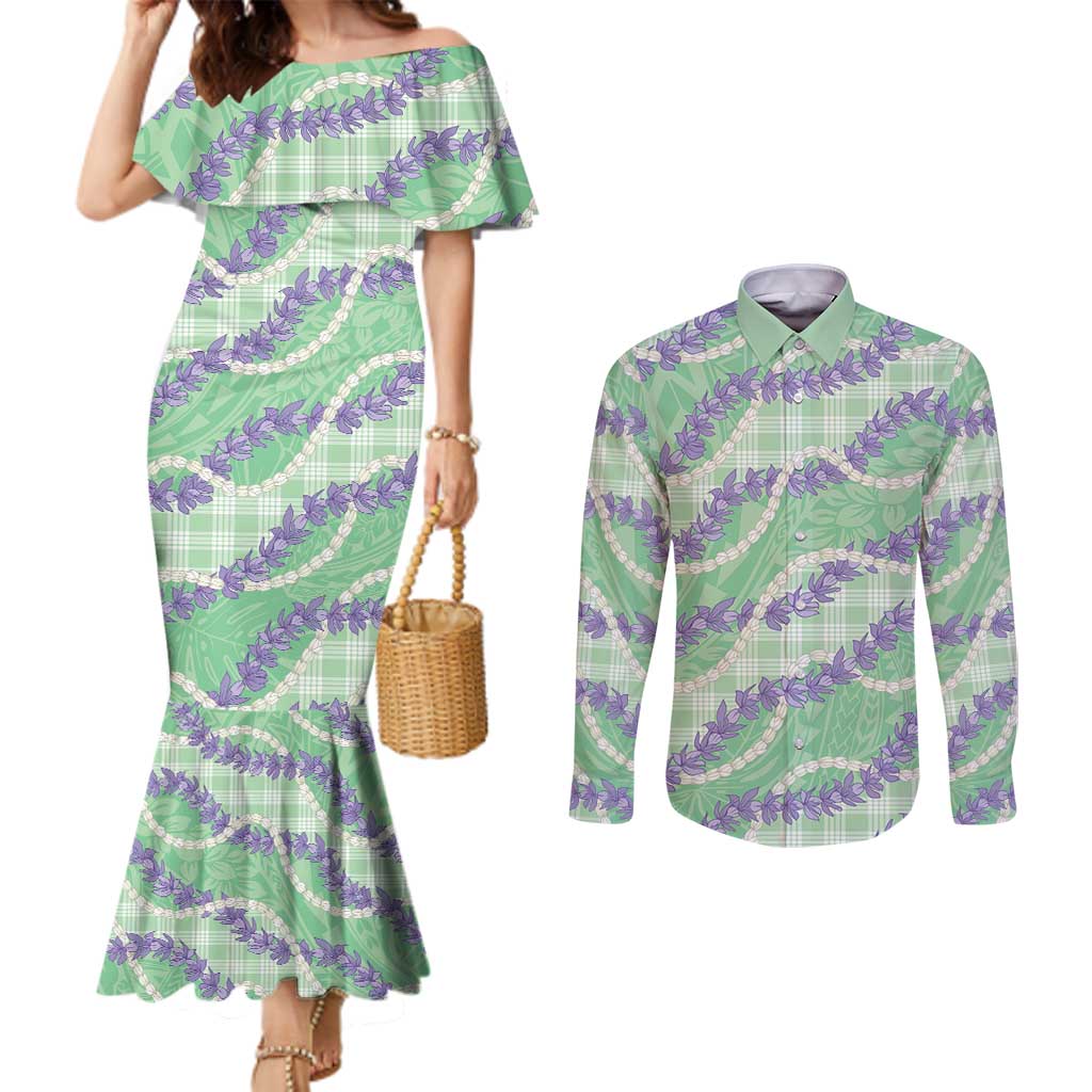 Pastel Green Hawaii Palaka Honohono Pikake Couples Matching Mermaid Dress and Long Sleeve Button Shirt Hawaiian Orchid Lei Polynesian Pattern LT14 Pastel Green - Polynesian Pride