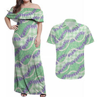 Pastel Green Hawaii Palaka Honohono Pikake Couples Matching Off Shoulder Maxi Dress and Hawaiian Shirt Hawaiian Orchid Lei Polynesian Pattern LT14 Pastel Green - Polynesian Pride