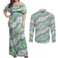 Pastel Green Hawaii Palaka Honohono Pikake Couples Matching Off Shoulder Maxi Dress and Long Sleeve Button Shirt Hawaiian Orchid Lei Polynesian Pattern LT14 Pastel Green - Polynesian Pride