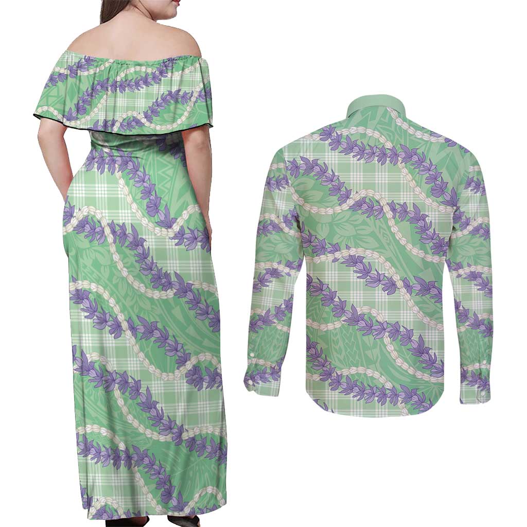 Pastel Green Hawaii Palaka Honohono Pikake Couples Matching Off Shoulder Maxi Dress and Long Sleeve Button Shirt Hawaiian Orchid Lei Polynesian Pattern LT14 - Polynesian Pride