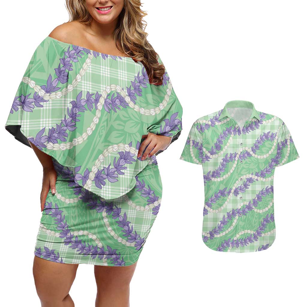 Pastel Green Hawaii Palaka Honohono Pikake Couples Matching Off Shoulder Short Dress and Hawaiian Shirt Hawaiian Orchid Lei Polynesian Pattern LT14 Pastel Green - Polynesian Pride